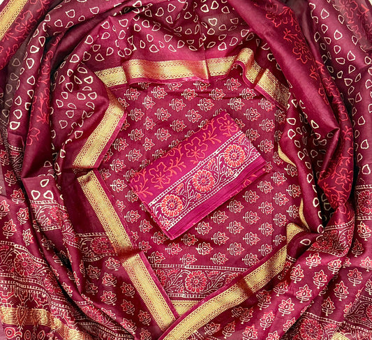 Premium Hand Block Printed Maheshwari Silk Zari Border Suit
