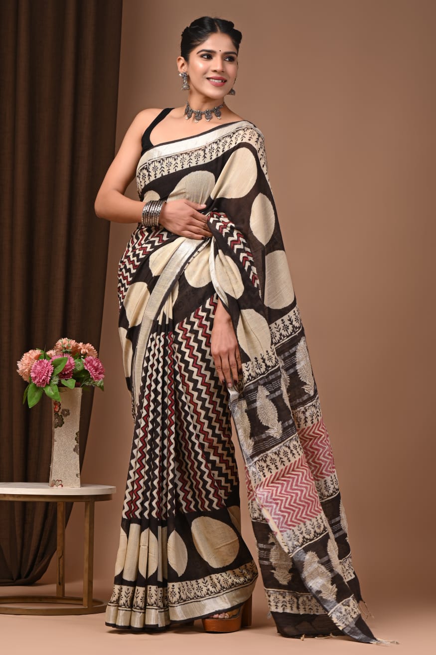 Soft & Breathable Hand Printed Linen Saree