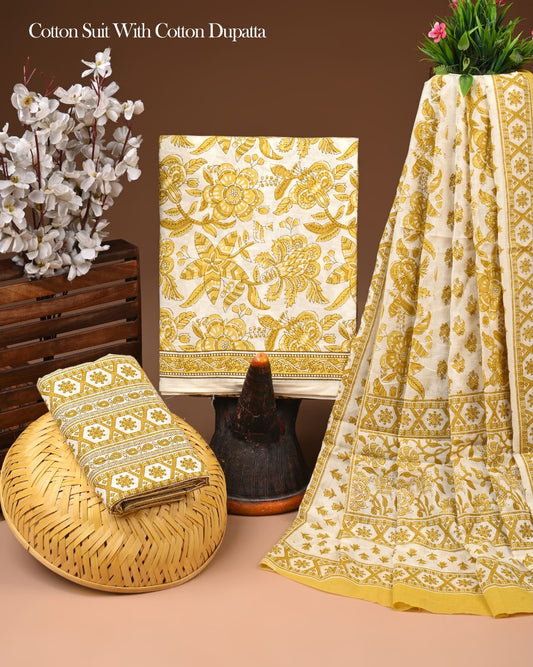 Hand block Print Soft Cotton Suit With Mulmul Dupatta