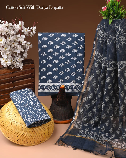 Hand Block Print Organic Cotton Suit With Kota Doria Dupatta