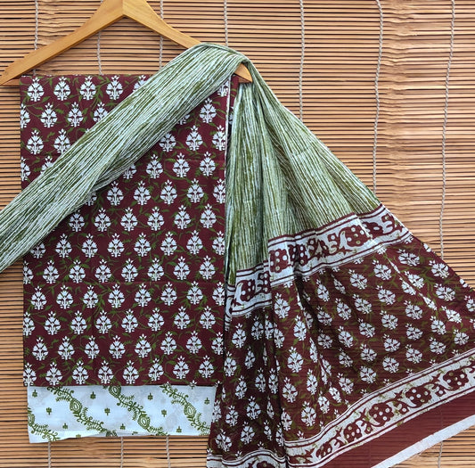 Sanganeri Print Cotton Suit Set With Mulmul Dupatta