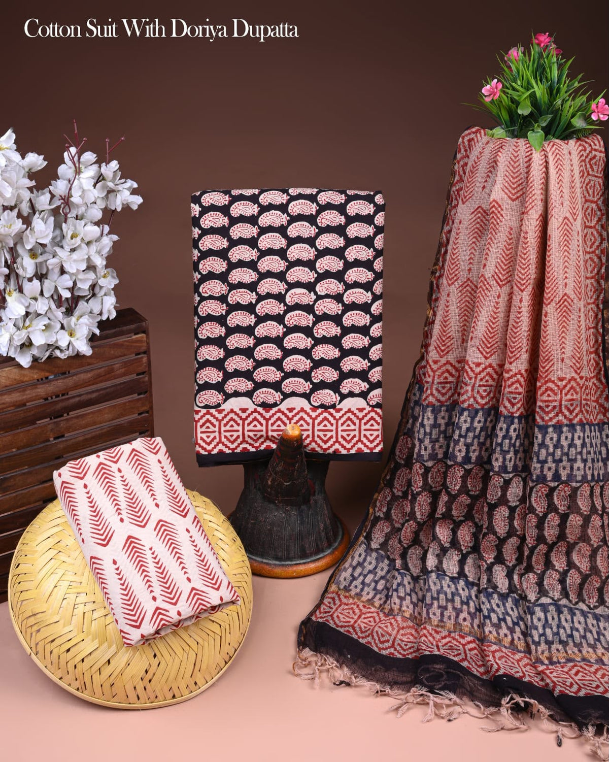 Exclusive Hand Printed Cotton Suit With Kota Doria Dupatta