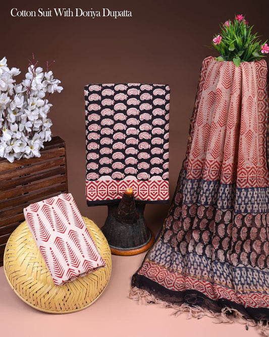 Exclusive Hand Printed Cotton Suit With Kota Doria Dupatta