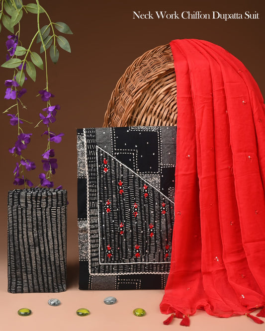 Natural Cotton Gota Patti Work Suit With Chiffon Dupatta