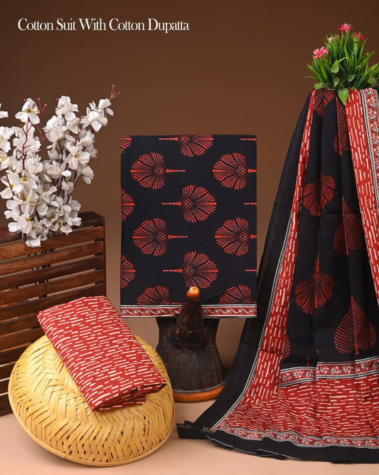 Traditional Hand Block Printed Cotton Suit with Matching Cotton Dupatta