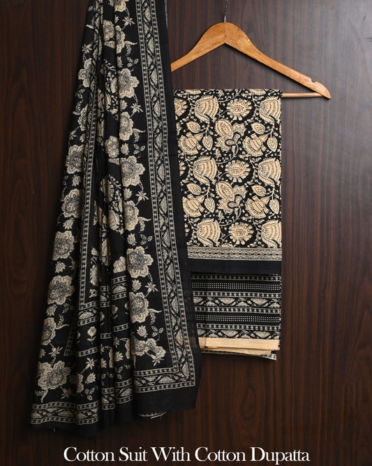 Hand Block Printed Cotton Suit Set With Mulmul Dupatta