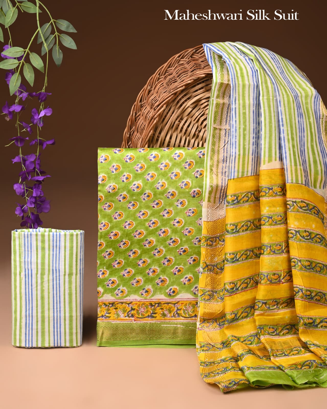 Bagru Hand Block Printed Maheshwari Silk Suit