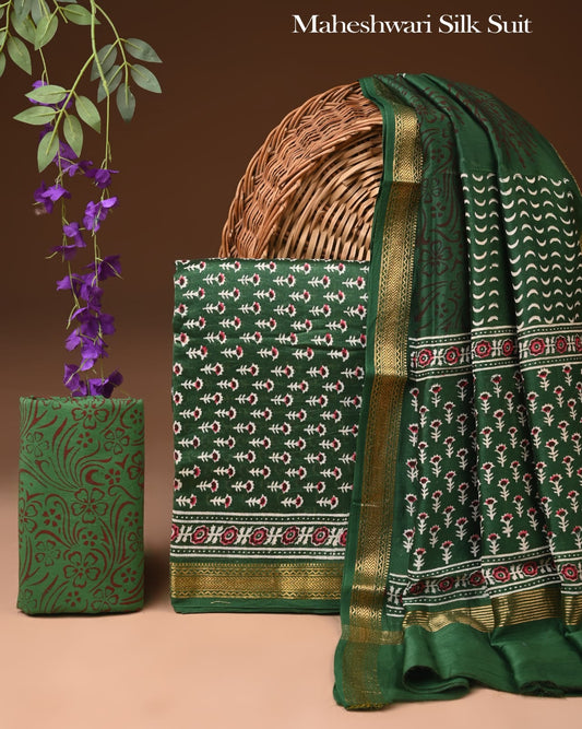 Premium Hand Block Print Maheshwari Silk Suit