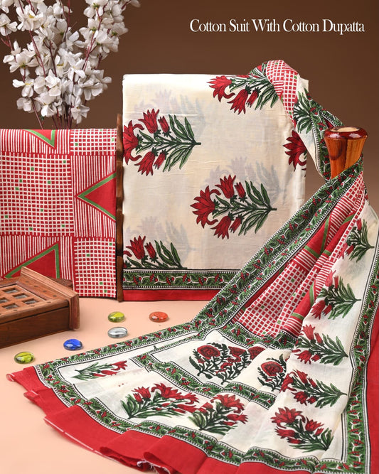 Hand Block Printed Cotton Suit With Cotton Dupatta 29