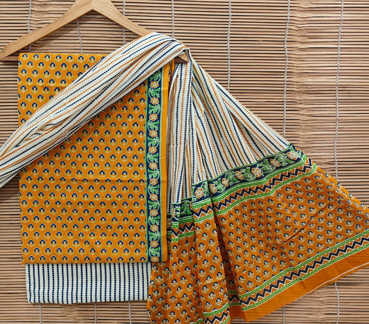 Hand Block Printed Cotton Suit With Cotton Dupatta