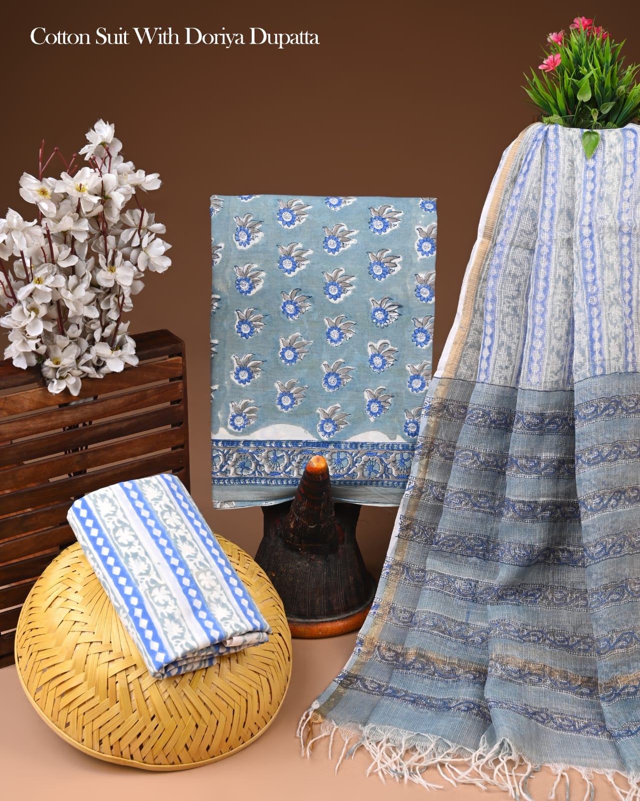 Hand Block Printed Cotton Suit With Kota Doria Dupatta