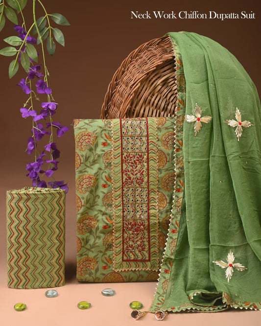 Organic Cotton Gota Patti Work Suit With Chiffon Dupatta