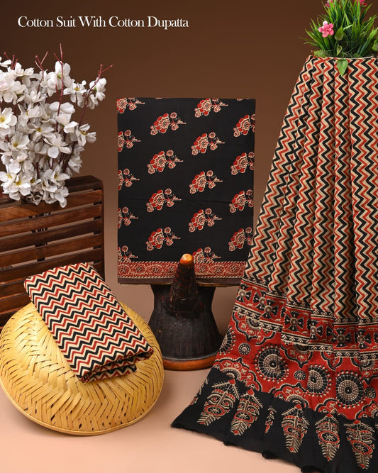 Women's Premium Hand Block Print Cotton Suit Set with Dupatta