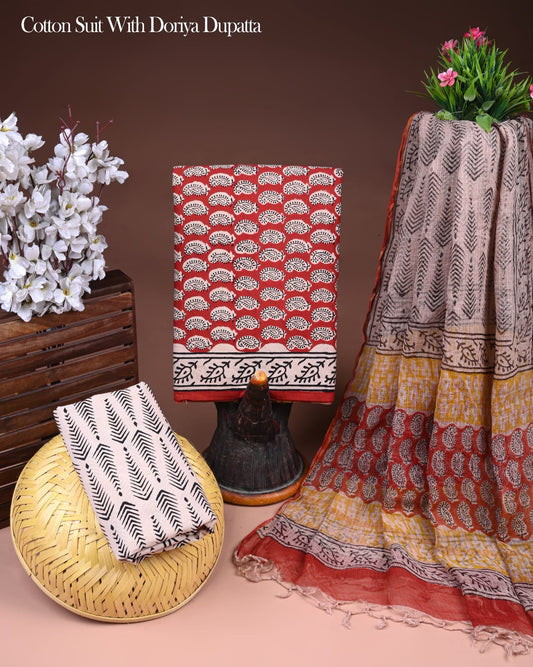 Hand Block Printed Cotton Suit With Kota Doria Dupatta