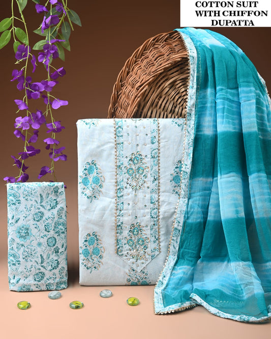 Premium Cotton Gota Patti Work Suit With Chiffon Dupatta