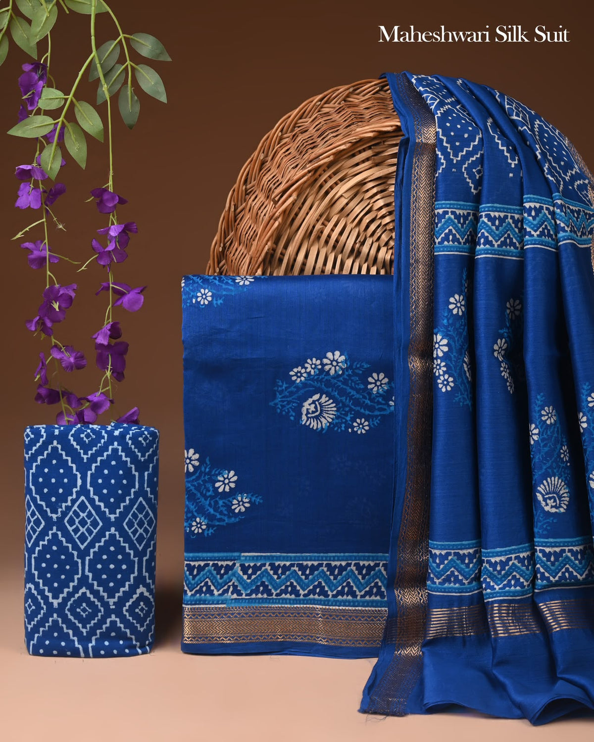 Hand Block Print Maheshwari Silk Geecha Border Suit