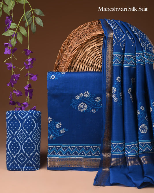 Hand Block Print Maheshwari Silk Geecha Border Suit