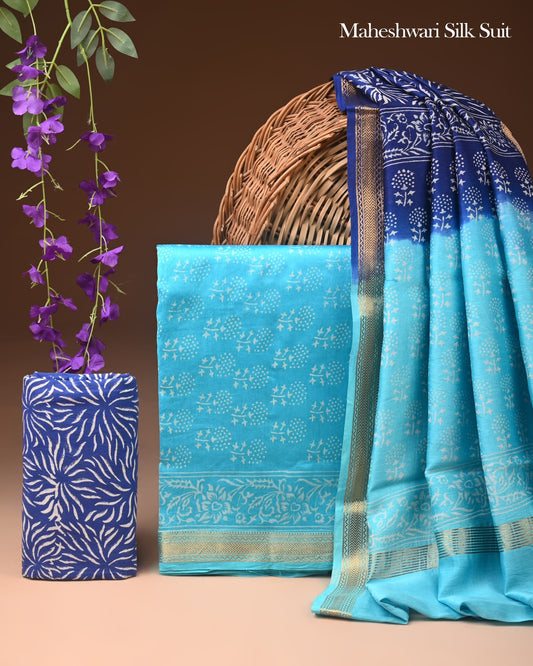 Exclusive Hand Block Print Maheshwari Silk Suit Set