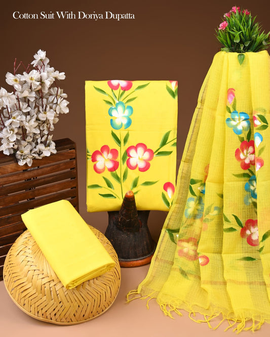 Hand Block Print Organic Cotton Suit With Kota Doria Dupatta
