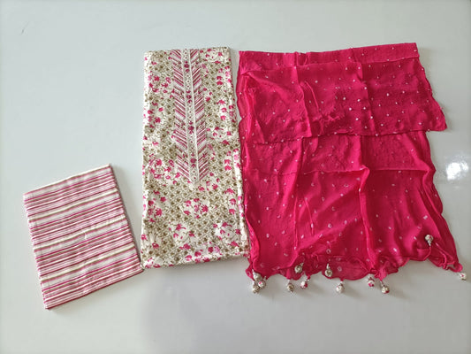 Sanganeri Print Cotton Gota Patti Work Suit With Chiffon Dupatta
