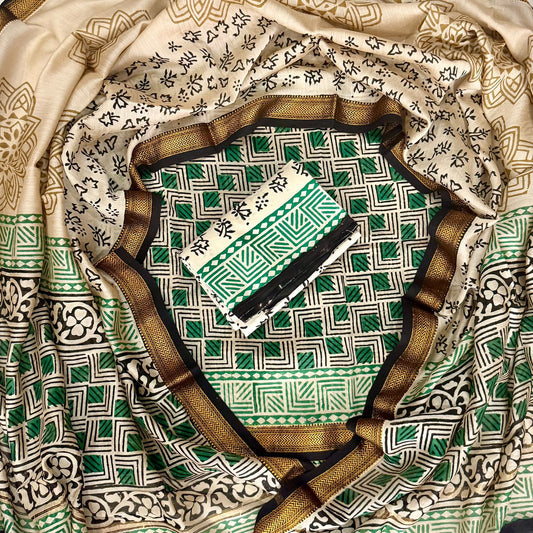 Hand Block Printed Maheshwari Silk Geecha Border Suit