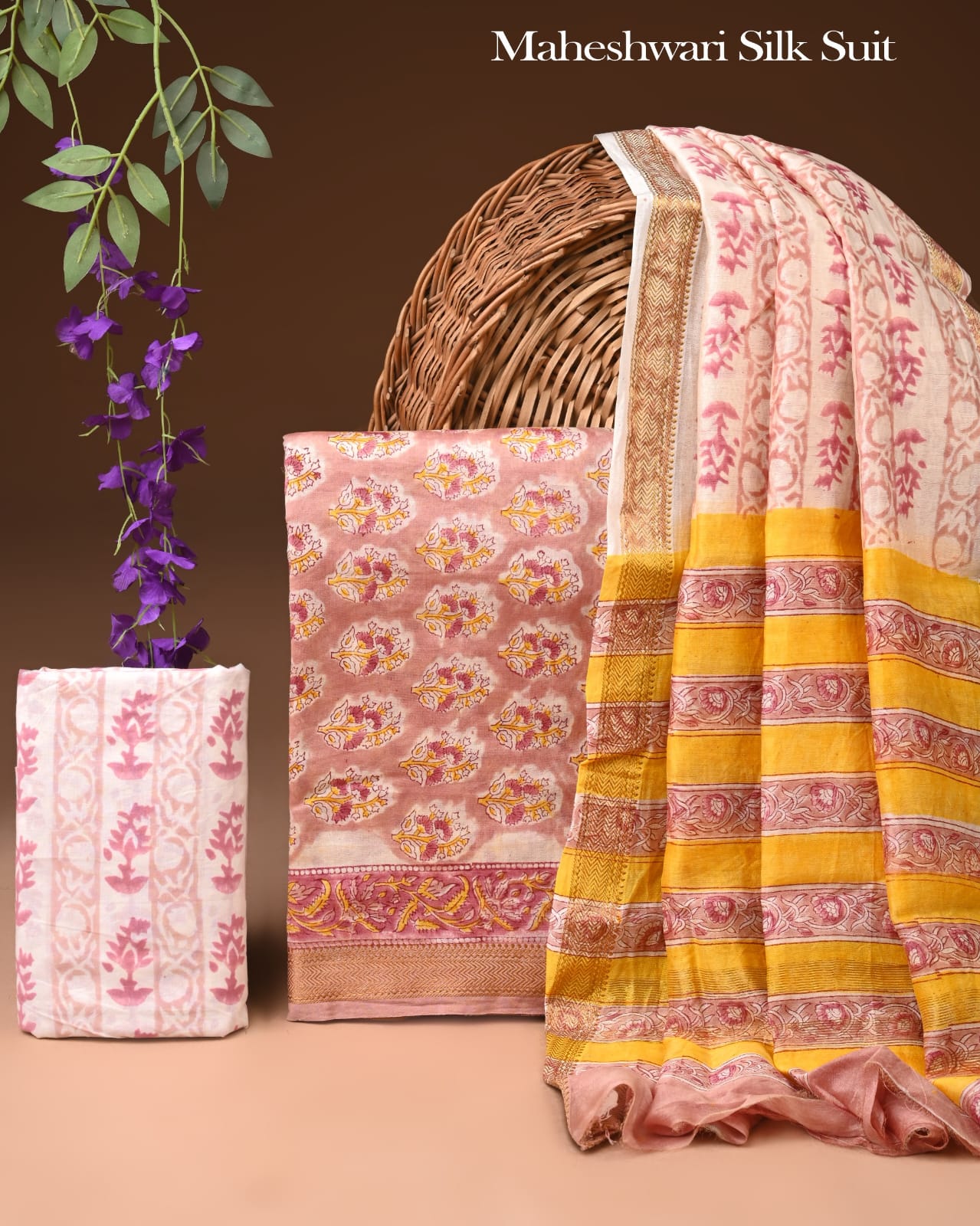 Premium Hand Block Print Maheshwari Silk Suit Set