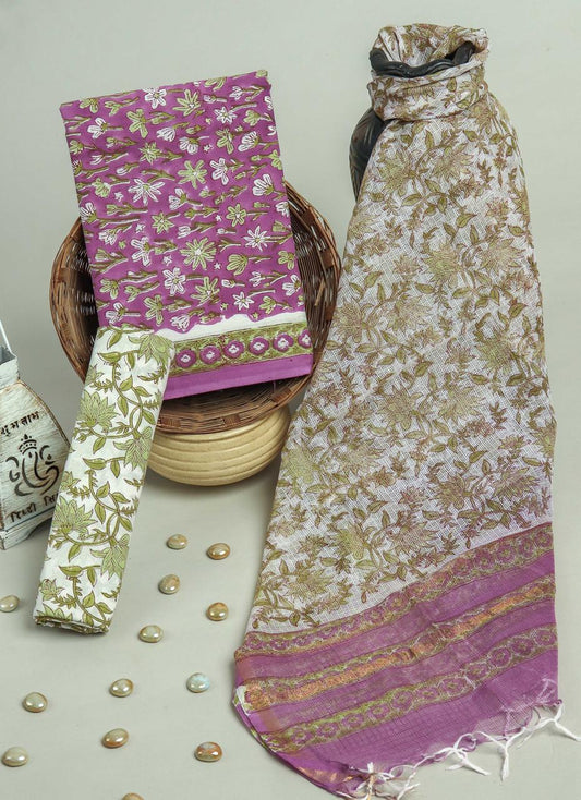 New Hand Block Printed Cotton Suit With Kota Doria Dupatta