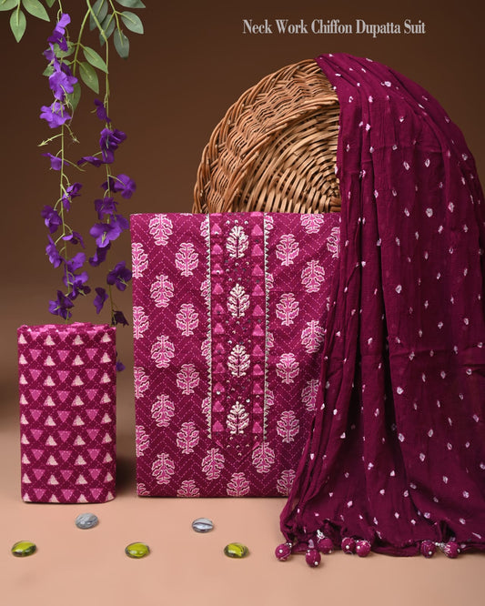 Organic Cotton Gota Patti Work Suit With Chiffon Dupatta