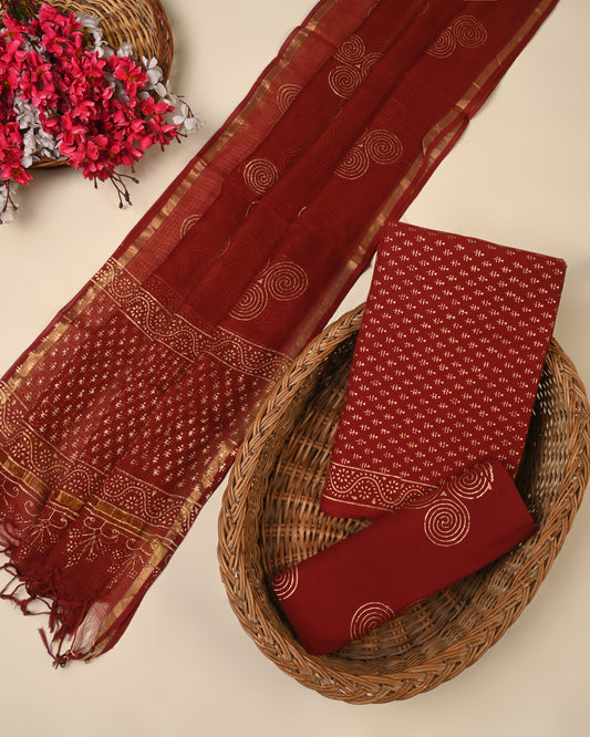 Exclusive Hand Block Printed Cotton Suit With Kota Doria Dupatta