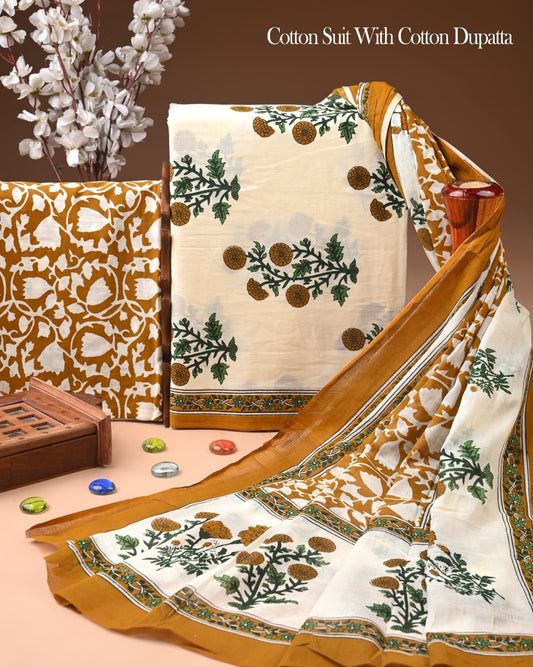 Hand Block Printed Cotton Suit Set With Mulmul Dupatta 32