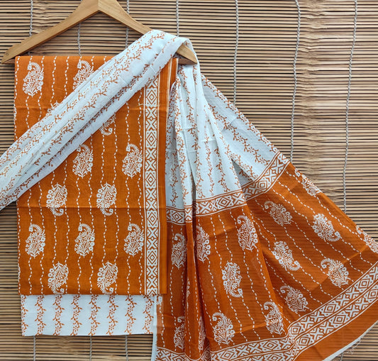 Hand Block Printed Soft Cotton Suit Set With Mulmul Dupatta