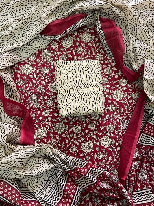 Hand Block Printed Cotton Suit With Cotton Dupatta