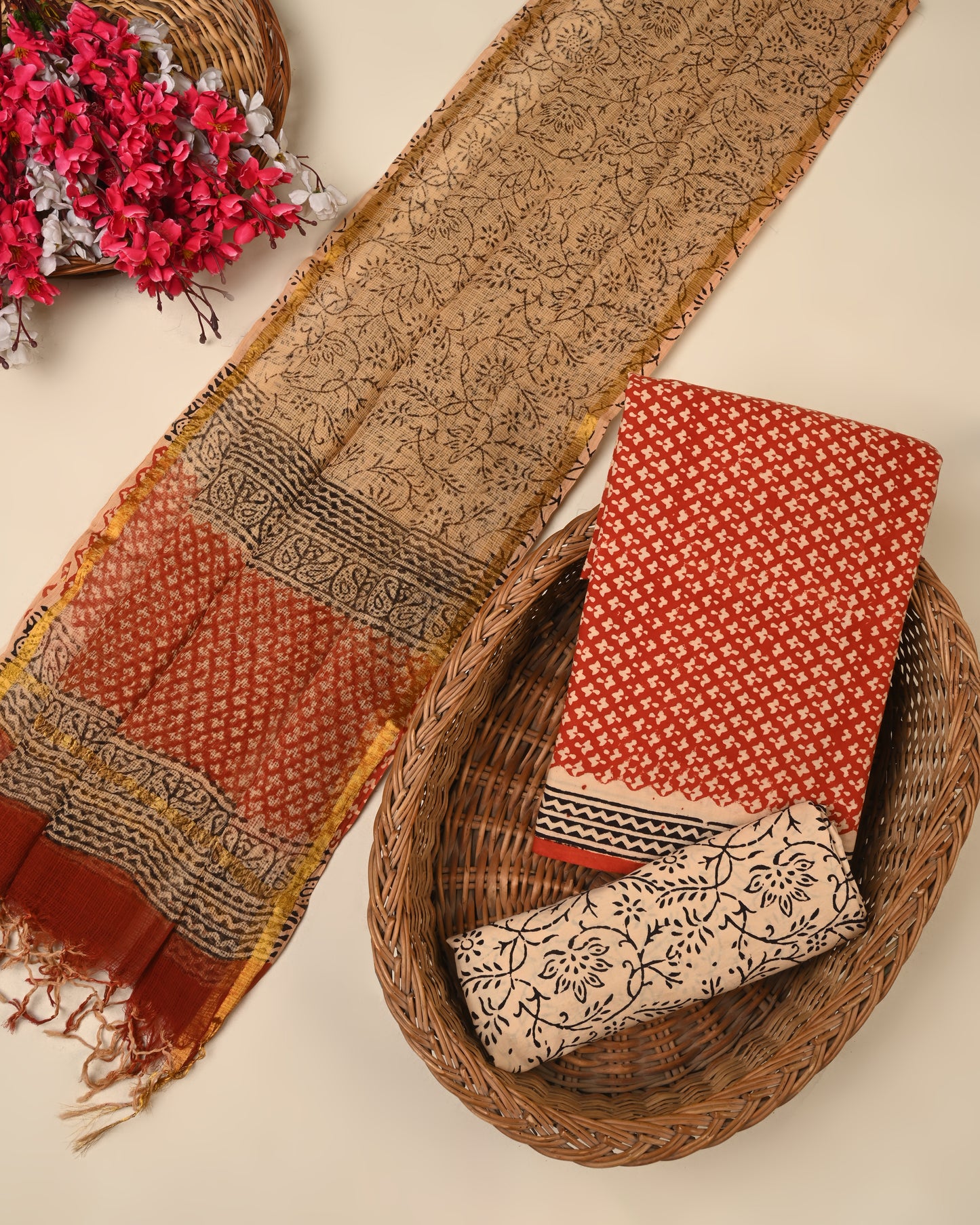 Exclusive Hand Printed Cotton Suit With Kota Doria Dupatta