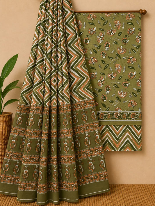 Hand Block Print Cotton Suit Set With Mulmul Dupatta 13