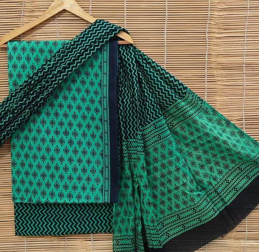 Hand Block Print Cotton Suit Set With Mulmul Dupatta