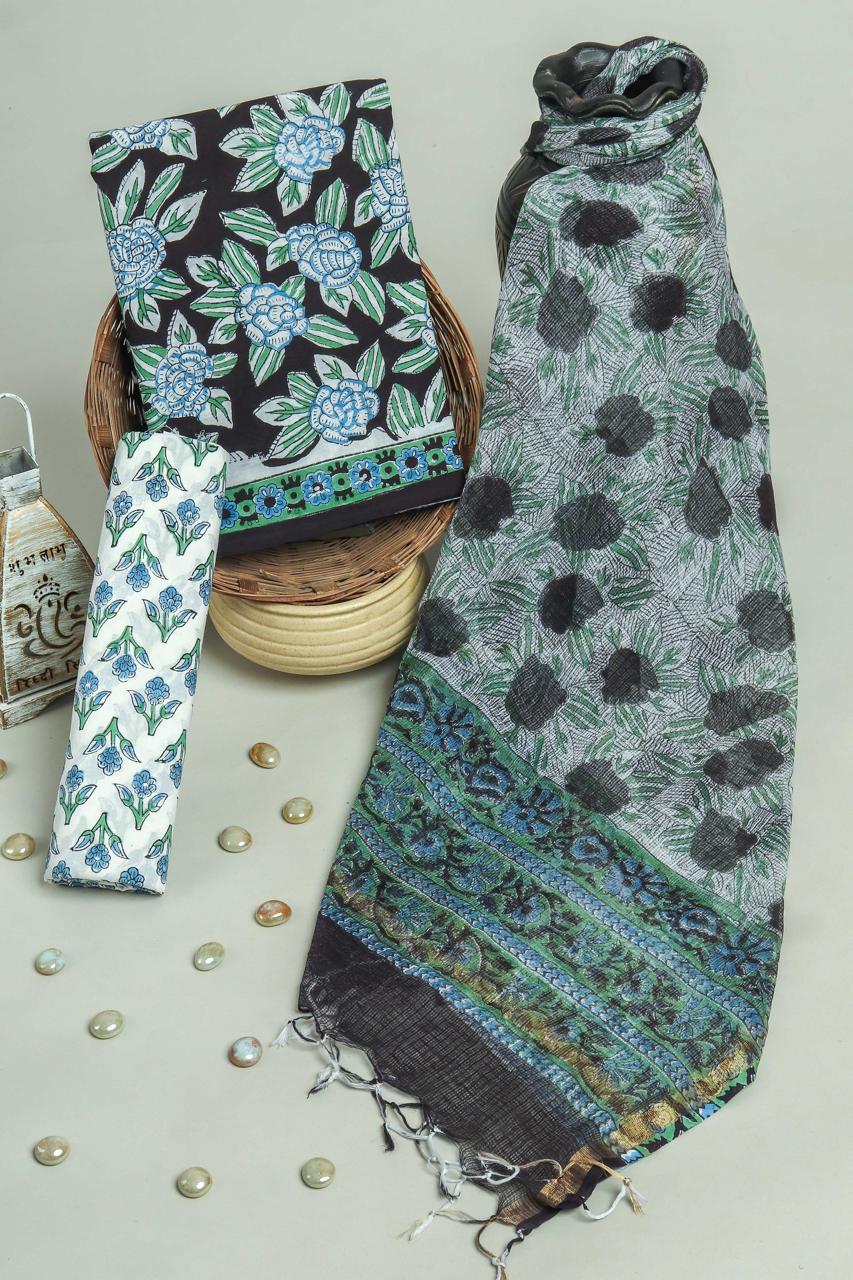 Exclusive Hand Block Printed Cotton Suit With Kota Doria Dupatta
