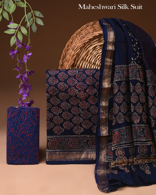 Premimu Hand Block Print Maheshwari Silk Suit