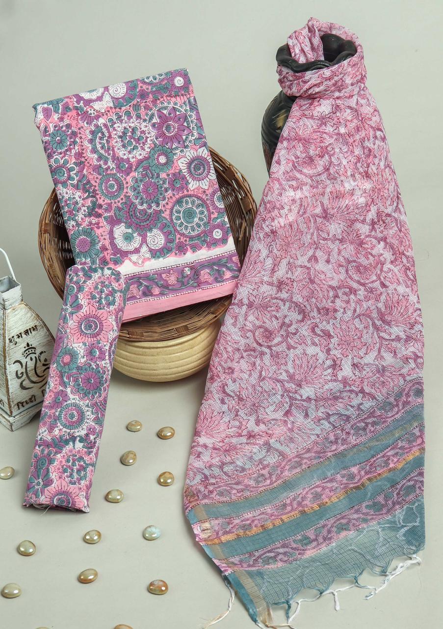 Premium Hand Block Print Cotton Suit With Kota Doria Dupatta