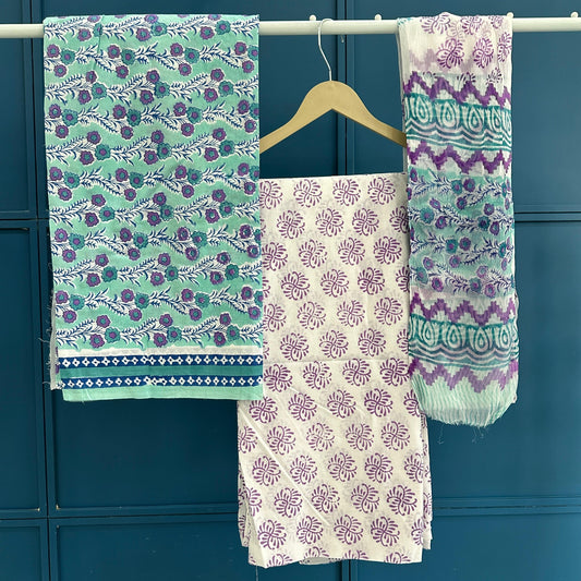 Hand Block Print Pure Cotton Suit With Chiffon Dupatta