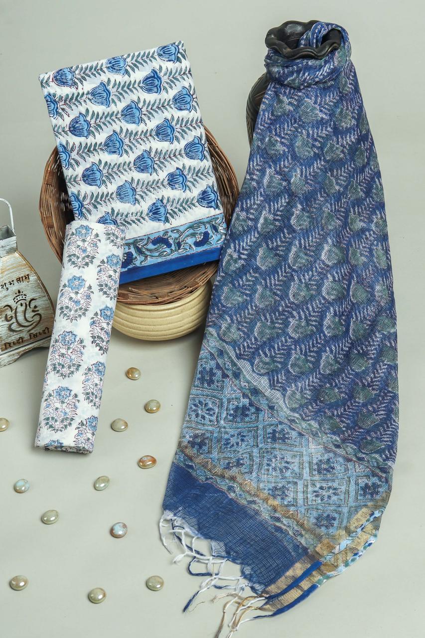 Premium Hand Printed Cotton Suit With Kota Doria Dupatta