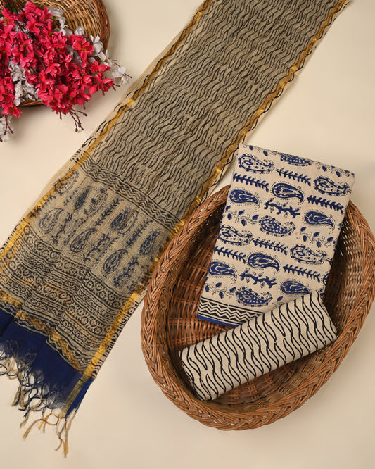 Premium Hand Block Printed Cotton Suit With Kota Doria Dupatta