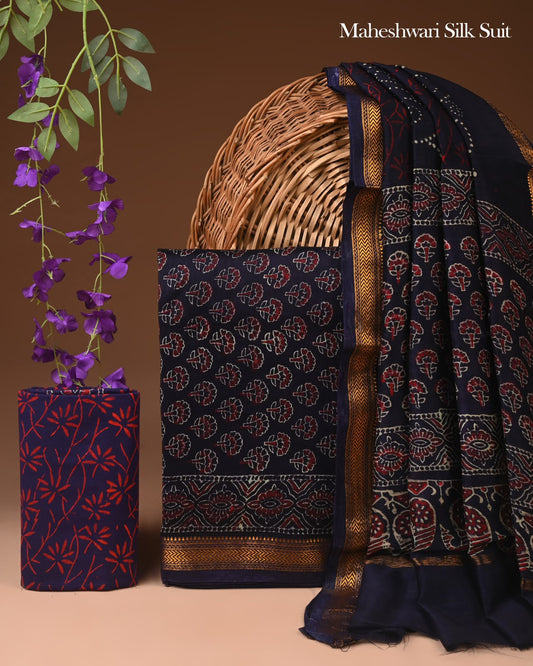 Premium Hand Block Print Maheshwari Silk Suit Set