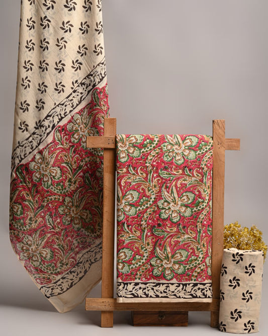 Sanganeri Print Orange Cotton Suit With Mulmul Dupatta