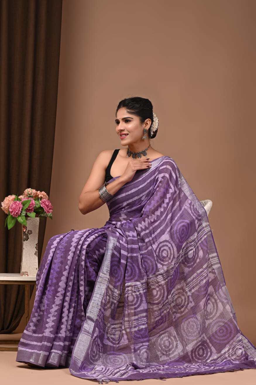 Soft Linen Saree With Hand Block Prints