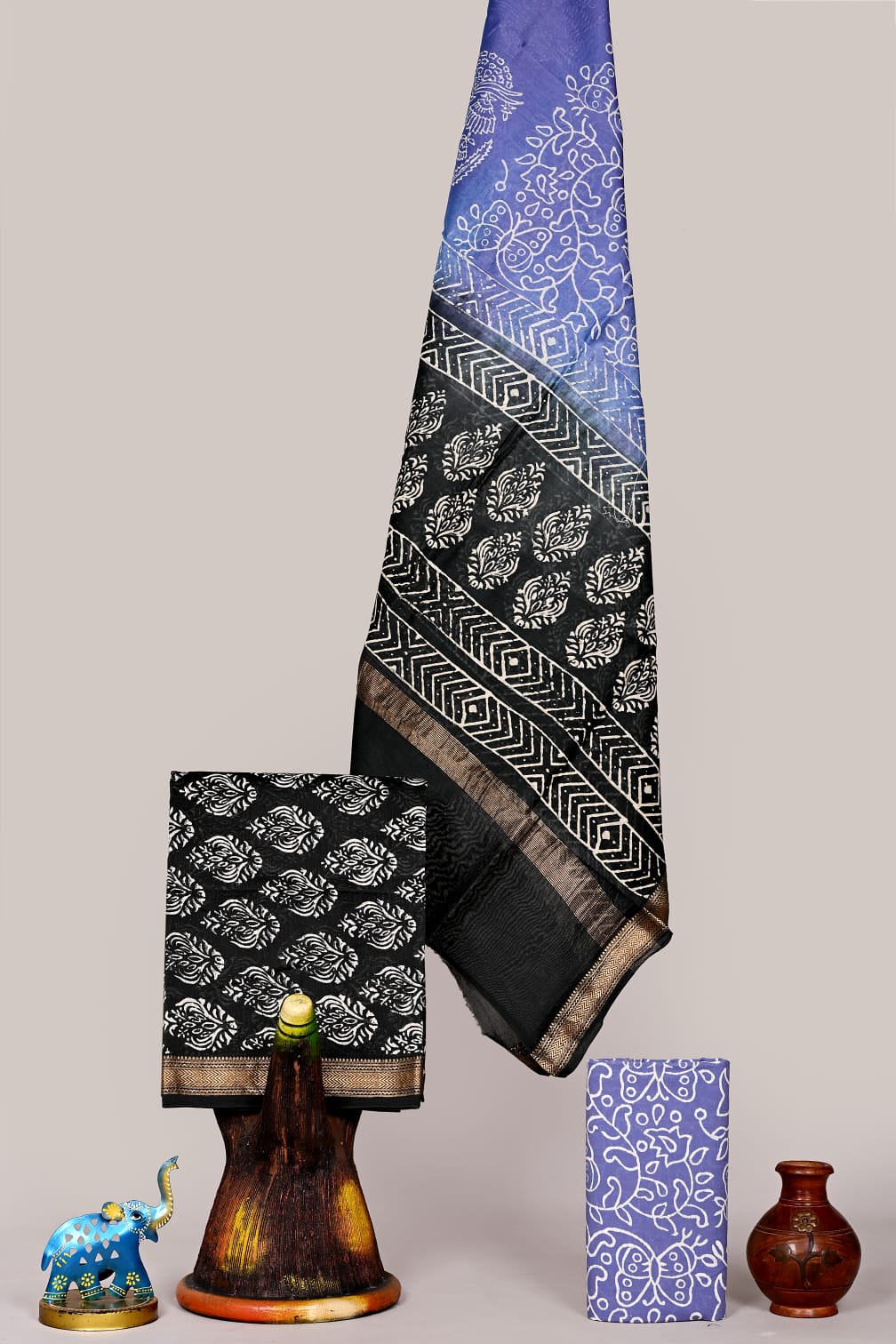 Premium Hand Block Printed Maheshwari Silk Zari Border Suit