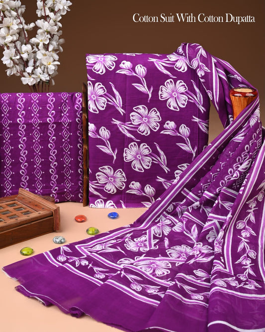 Hand block Print Soft Cotton Suit With Mulmul Dupatta 14