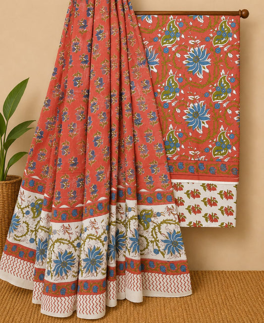 Hand Block Printed Cotton Suit With Mulmul Dupatta 9