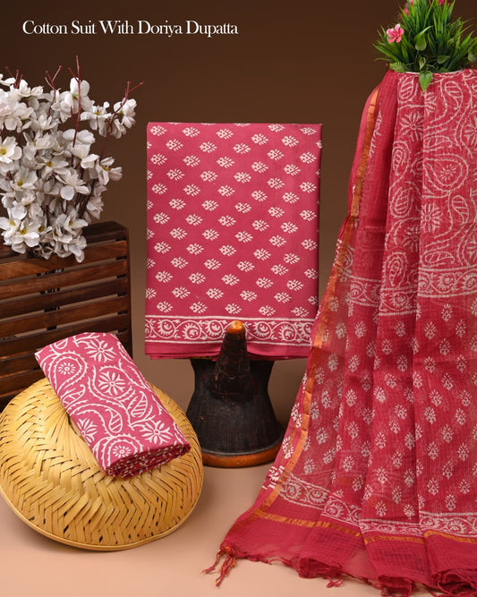 Premium Hand Block Printed Cotton Suit With Kota Doria Dupatta