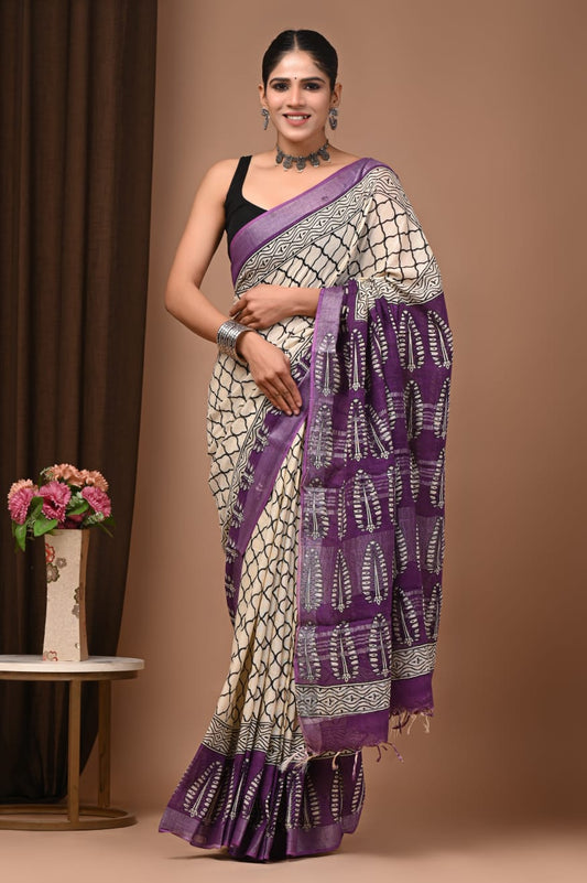 Pure Linen Saree With Delicate Hand Printed Patterns