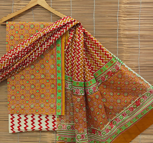 Jaipuri Print Cotton Suit With Mulmul Dupatta